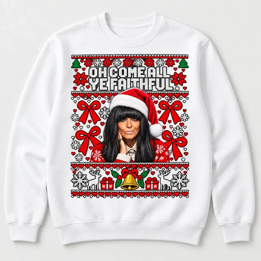 White Faithful Christmas jumper with Claudia Winkleman inspired festive Traitors design