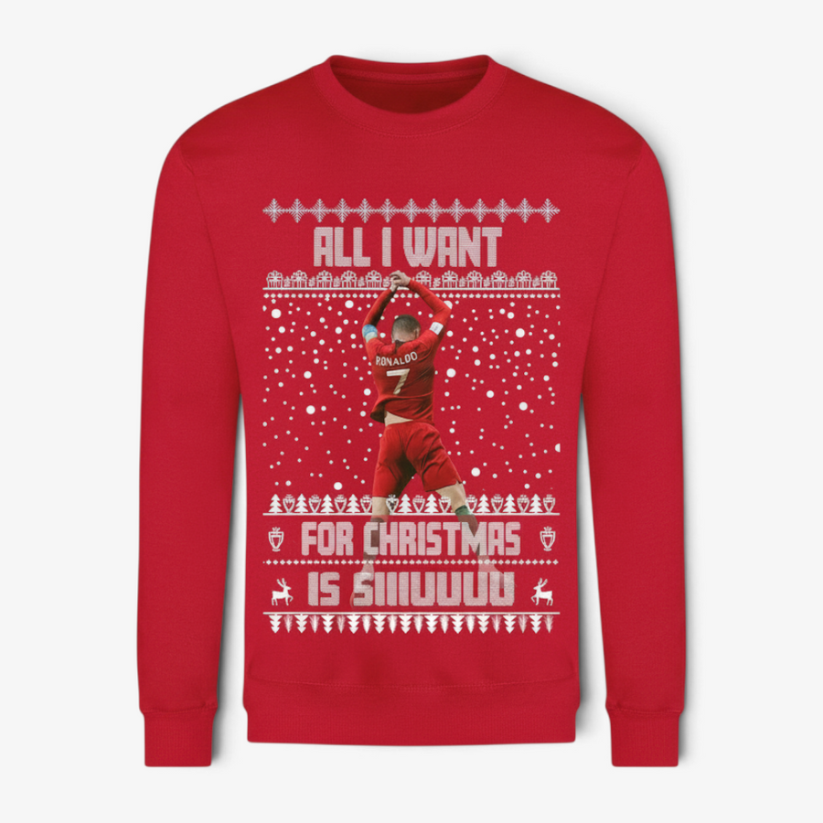 Red Cristiano Ronaldo “All I Want for Christmas Is SIIIUUUU” festive football jumper with celebration graphic
