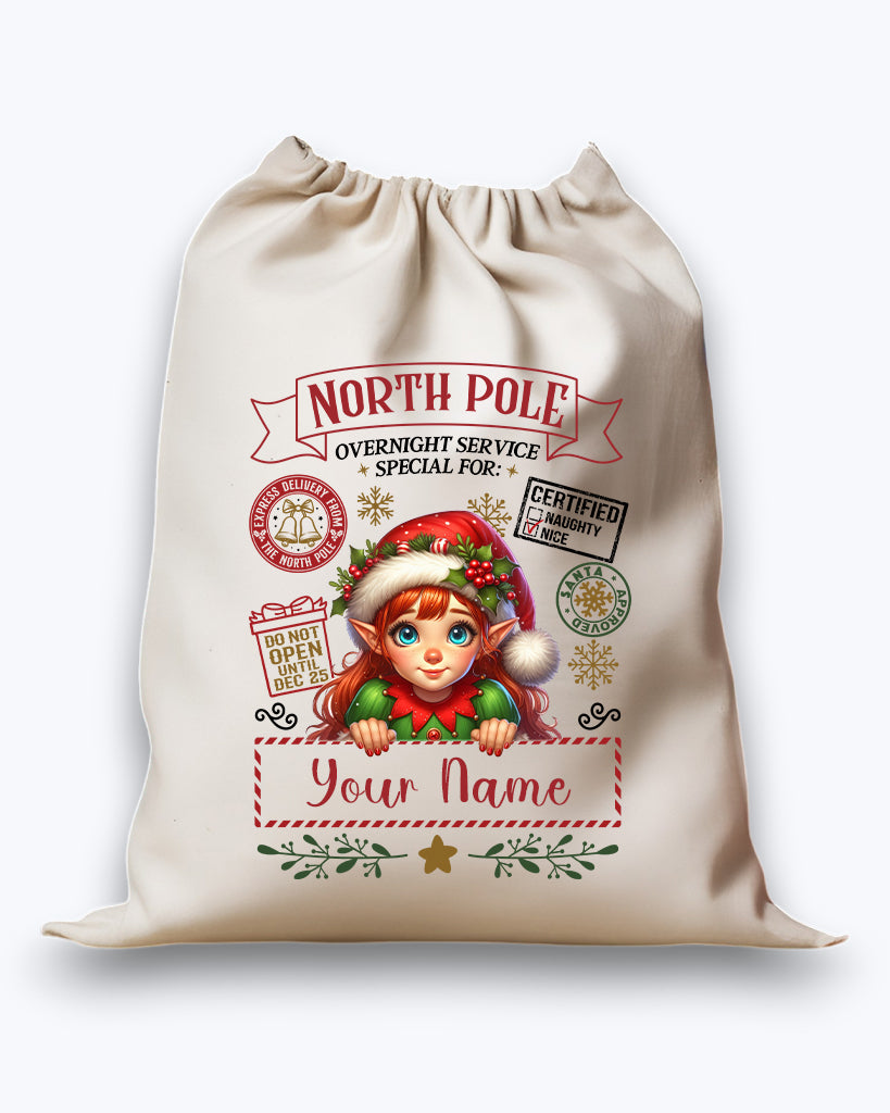 Personalised DTF Printed Christmas Sack - Female ELF Design 40cm x 61.5cm