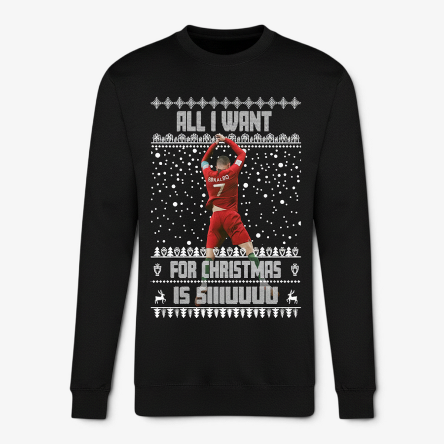Black Cristiano Ronaldo “All I Want for Christmas Is SIIIUUUU” festive football jumper with celebration graphic