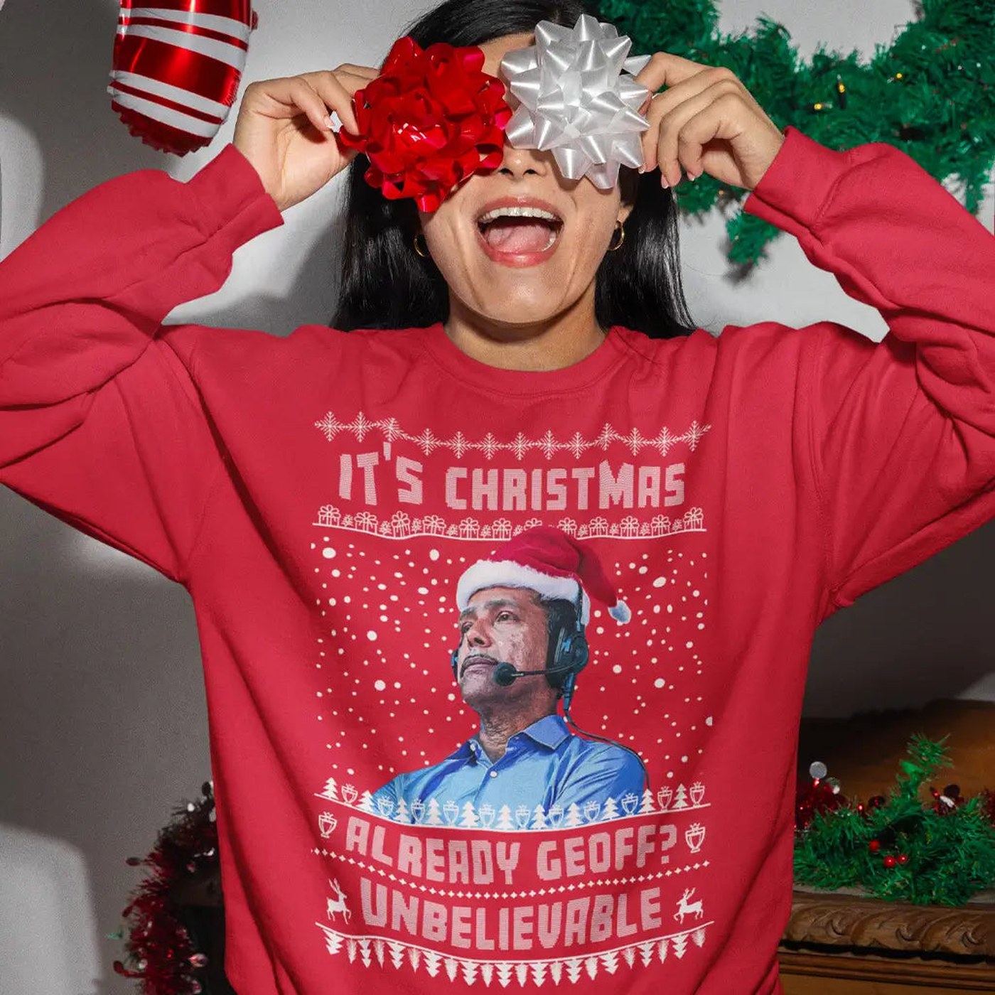 Fire Red jumper — Chris Kamara Christmas Jumper "It's Christmas Already Geoff? Unbelievable" - Football Fan Sweater