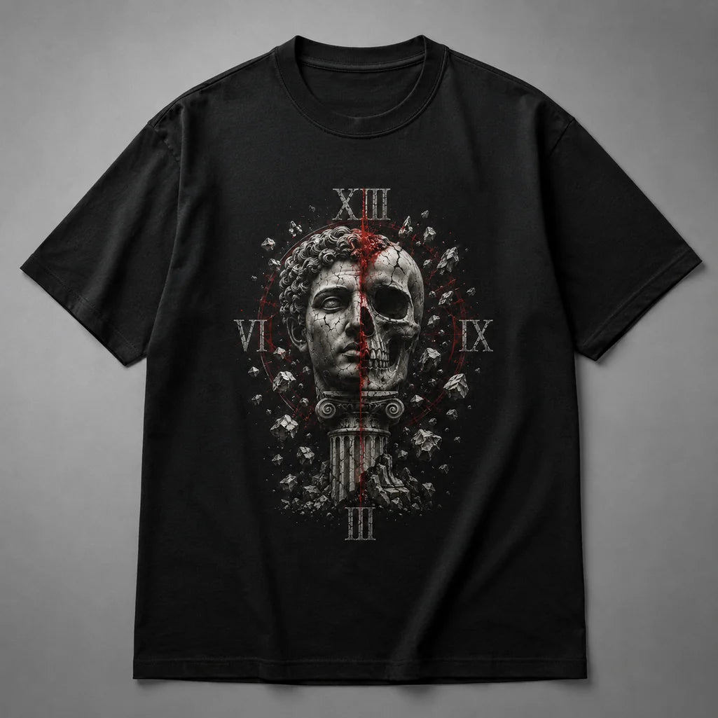 Fractured Legacy Roman statue skull graphic black T-shirt front mockup