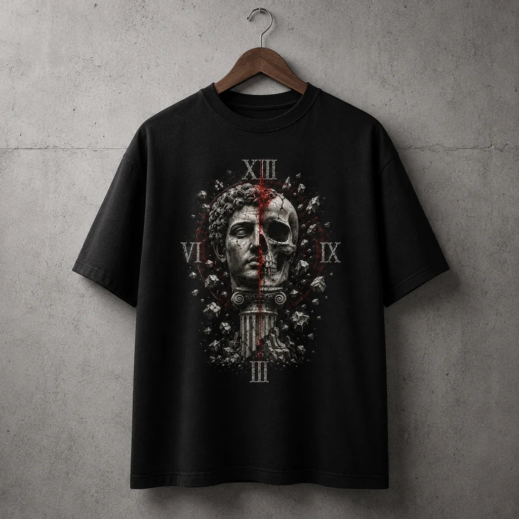 Fractured Legacy black graphic T-shirt hanging mockup
