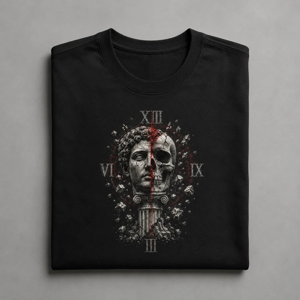 Folded Fractured Legacy Roman statue skull black T-shirt