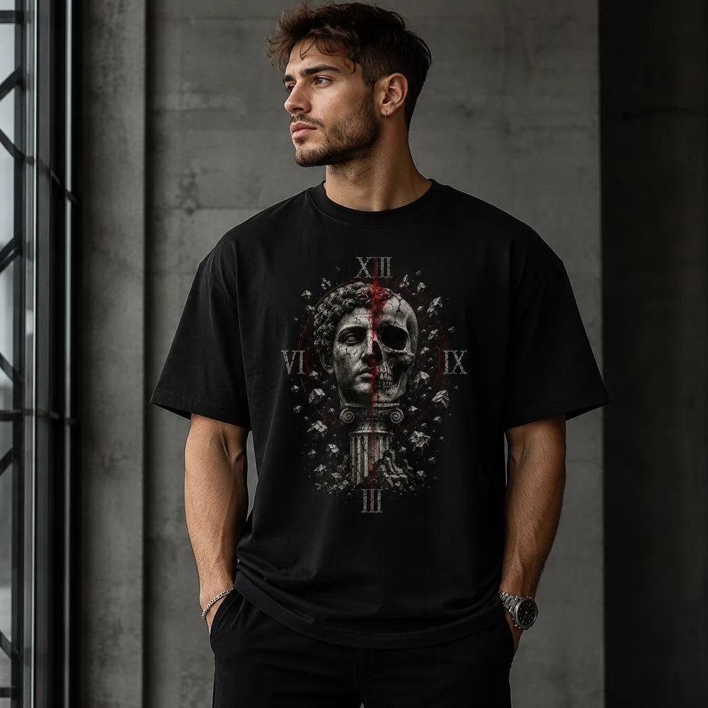 Male model wearing Fractured Legacy Roman statue skull black T-shirt