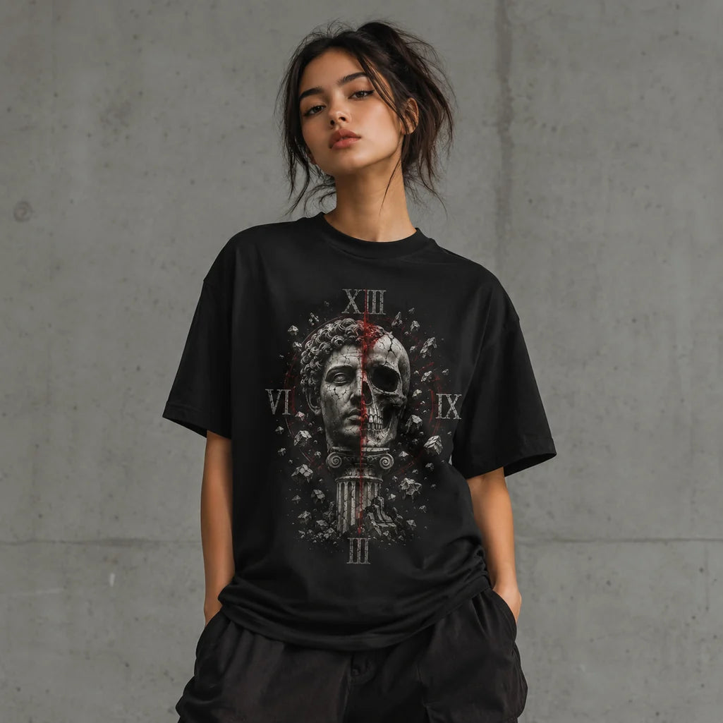 Female model wearing Fractured Legacy gothic black graphic T-shirt