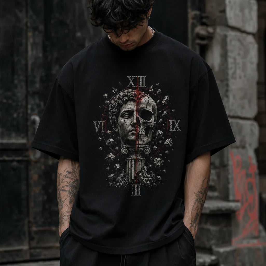 Urban lifestyle mockup of Fractured Legacy black graphic T-shirt