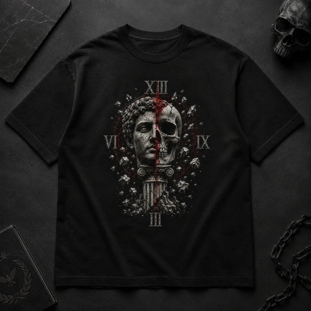 Dark styled flat lay of Fractured Legacy Roman skull T-shirt