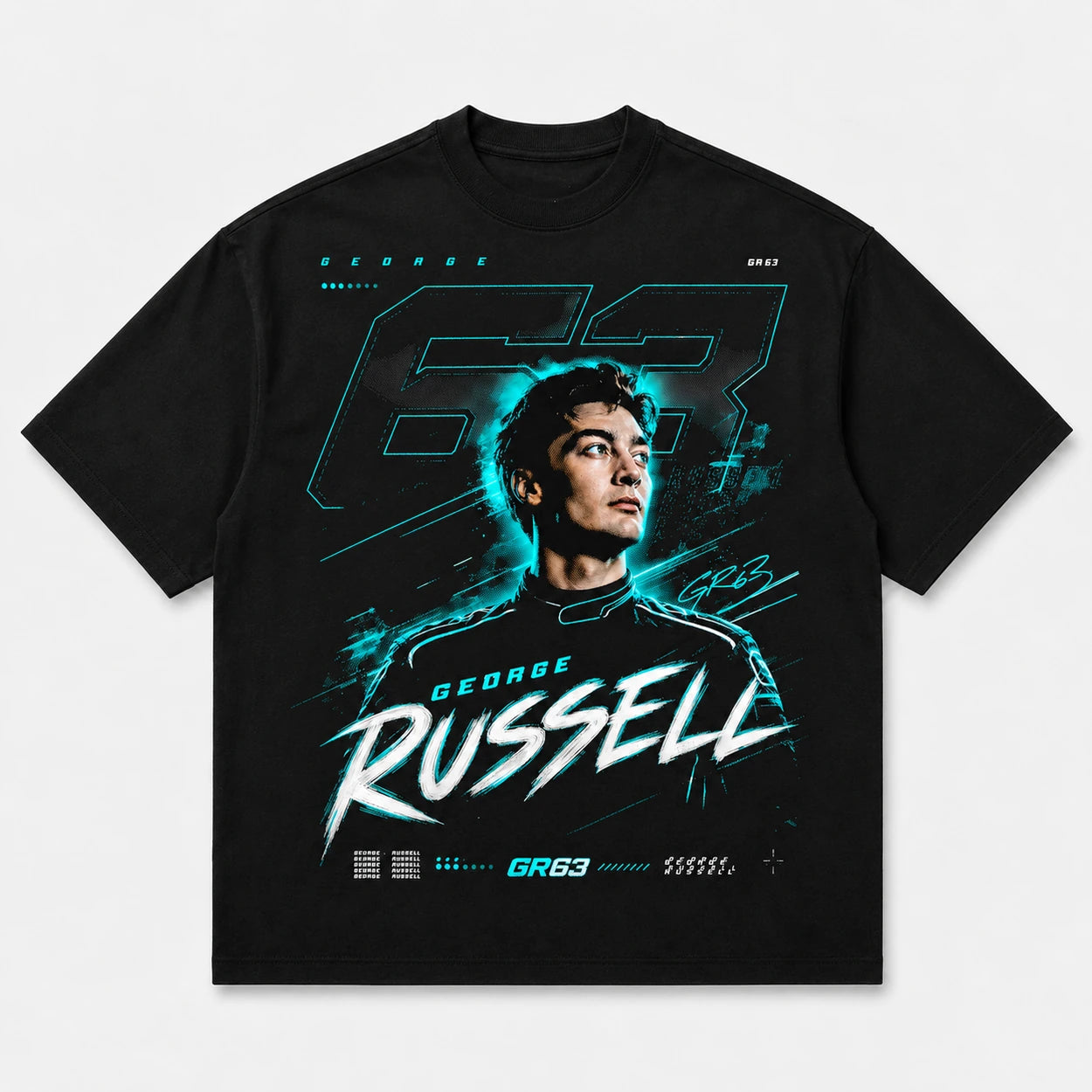 Black GR63 racing T-shirt with George Russell graphic, front view