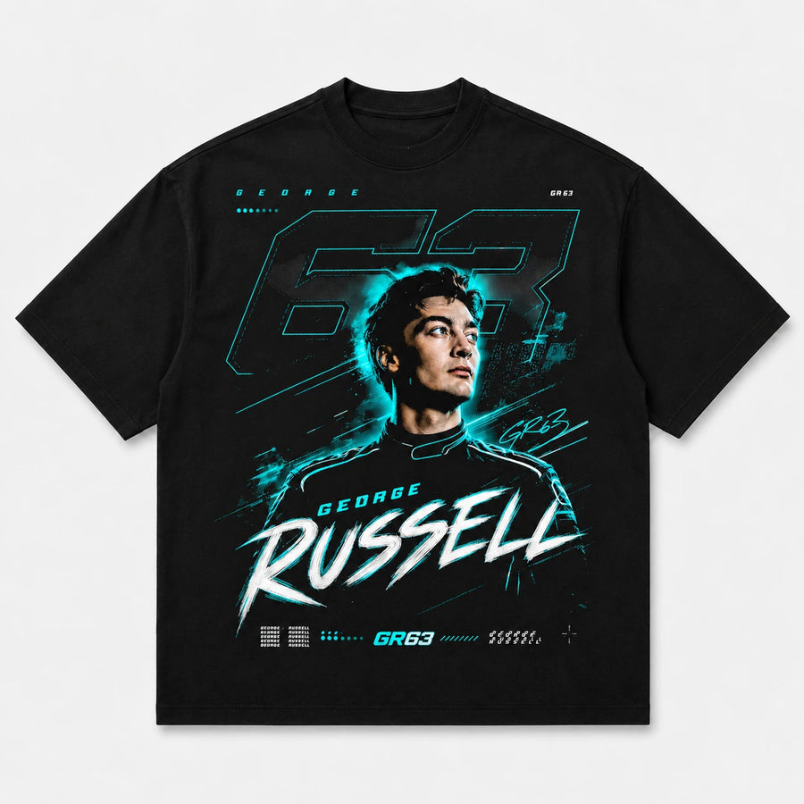 Black GR63 racing T-shirt with George Russell graphic, front view