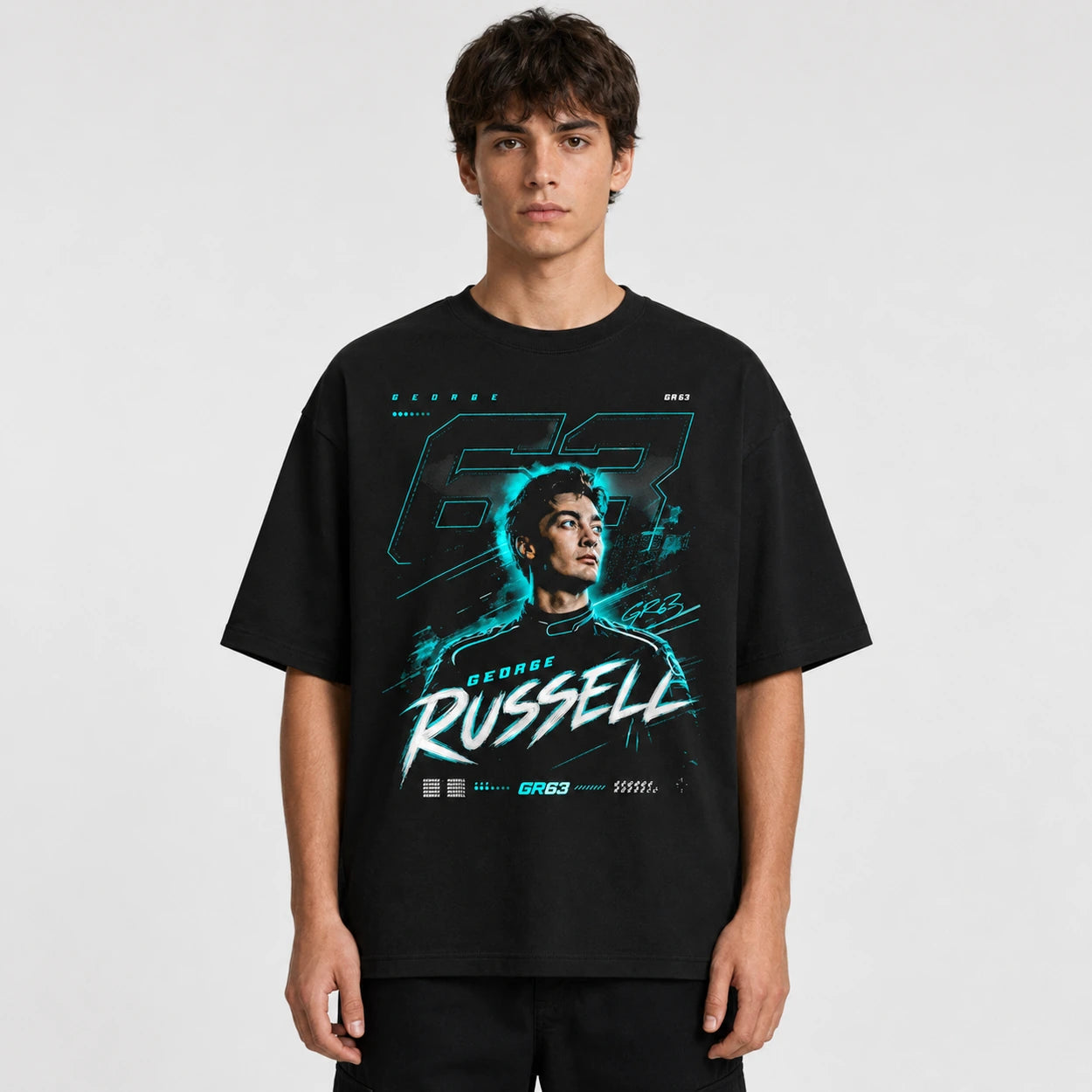 Male model wearing black George Russell GR63 racing T-shirt
