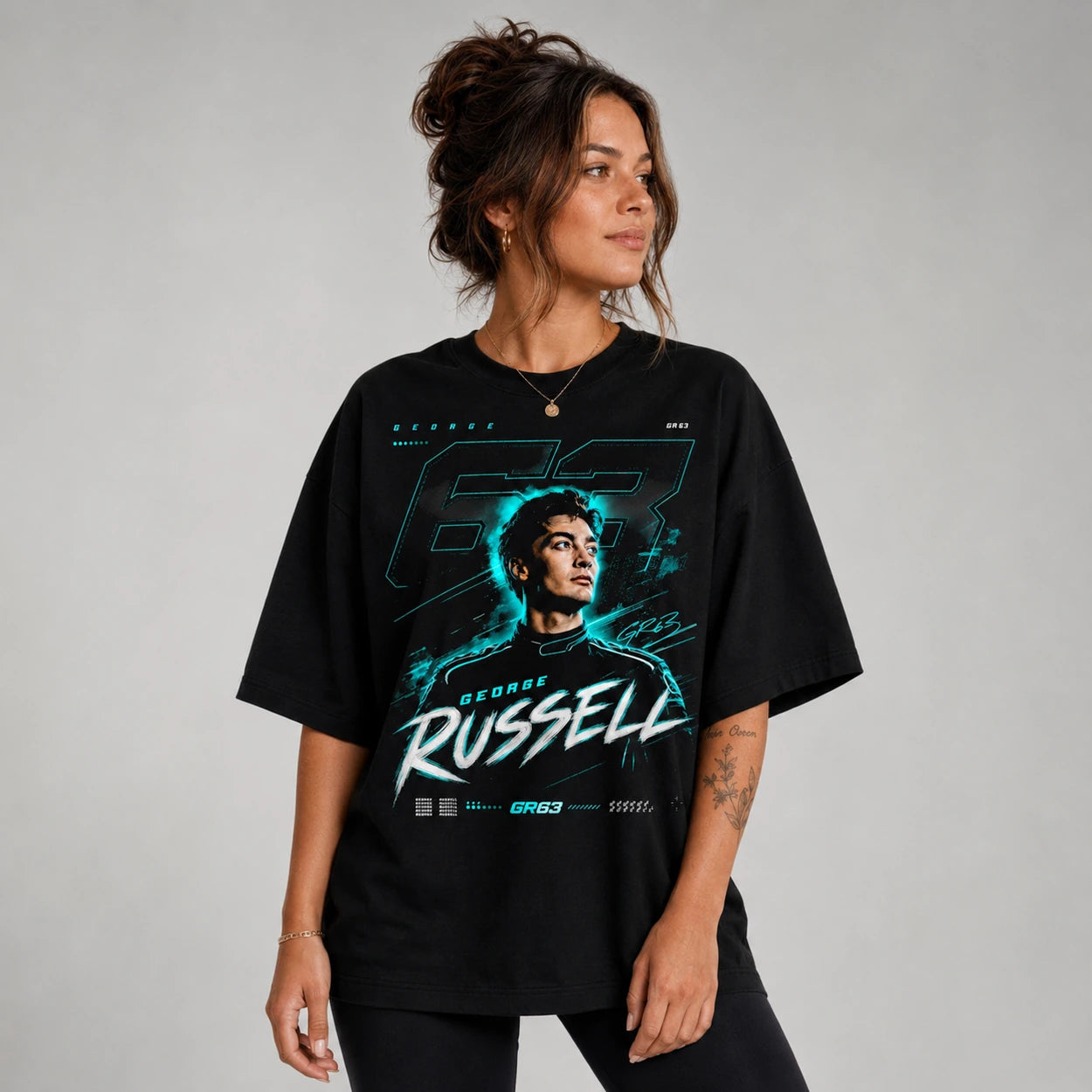 Female model wearing black George Russell GR63 racing T-shirt