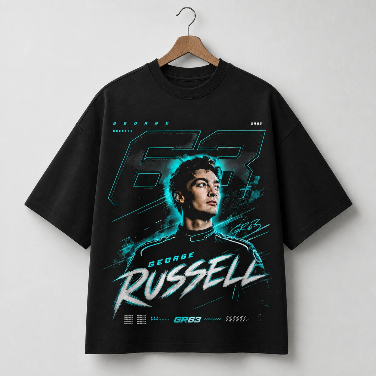George Russell GR63 black racing T-shirt on wooden hanger