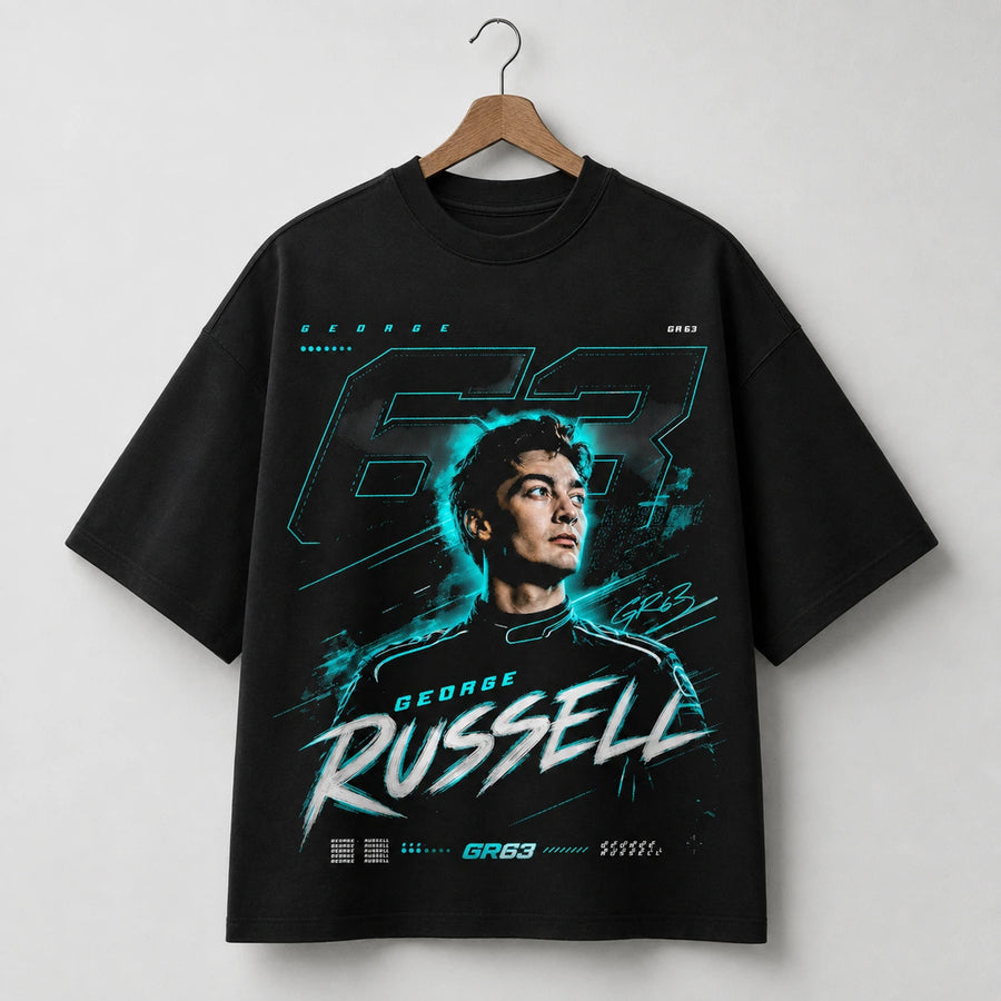 George Russell GR63 black racing T-shirt on wooden hanger