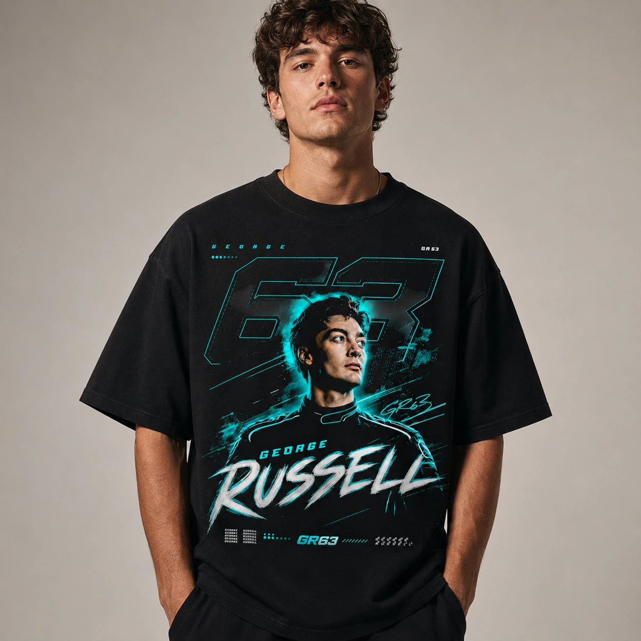 Male model wearing oversized black GR63 racing graphic T-shirt