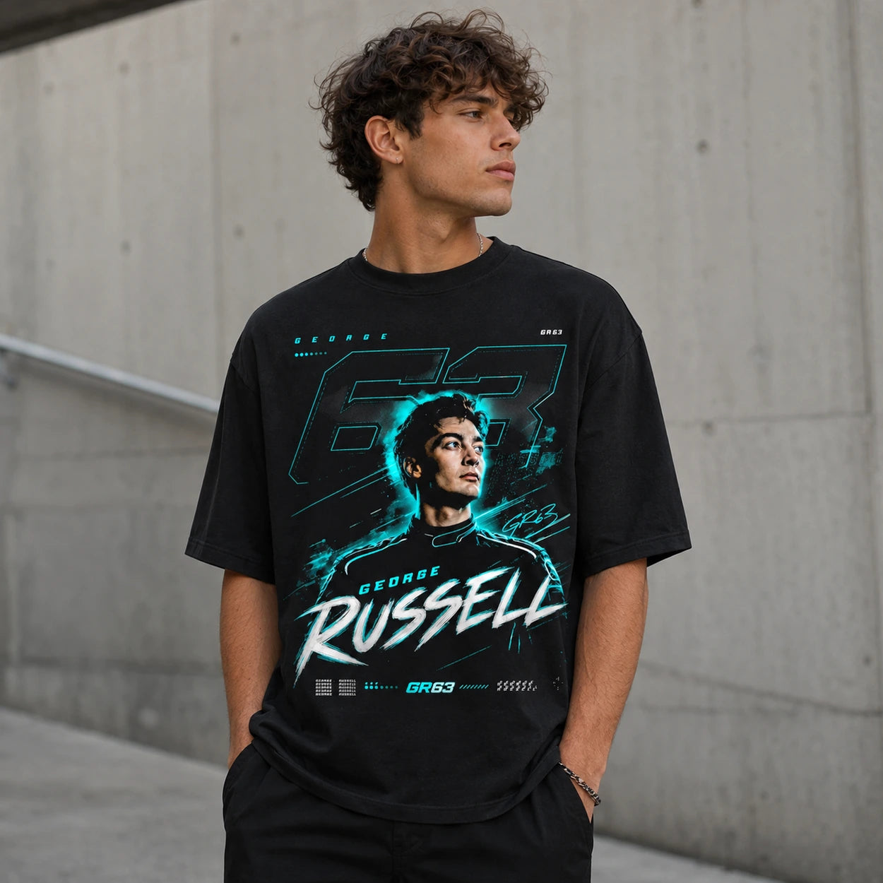 Male model wearing black GR63 racing T-shirt outdoors
