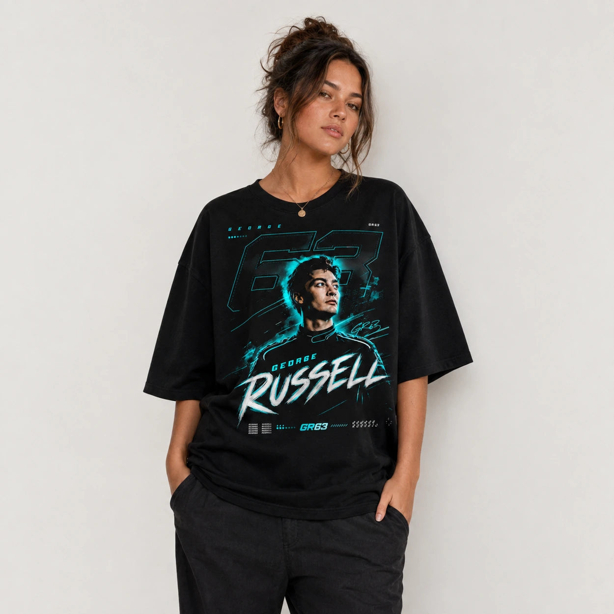 Female model wearing oversized black GR63 racing T-shirt