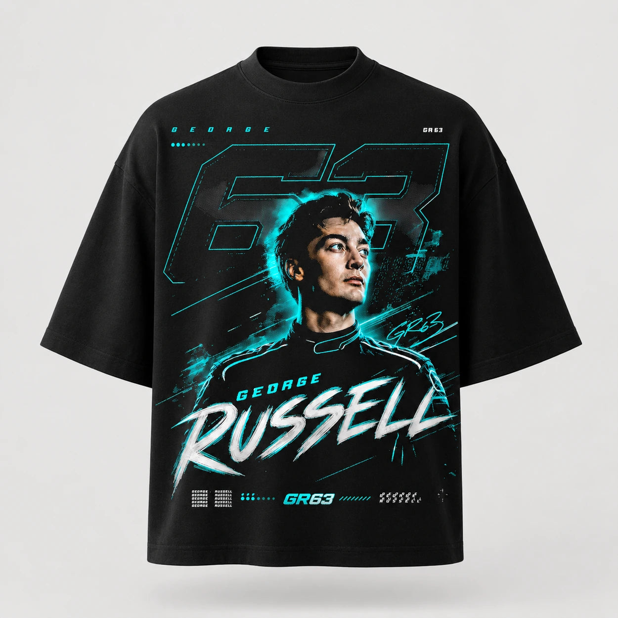 Black George Russell GR63 racing graphic T-shirt product mockup