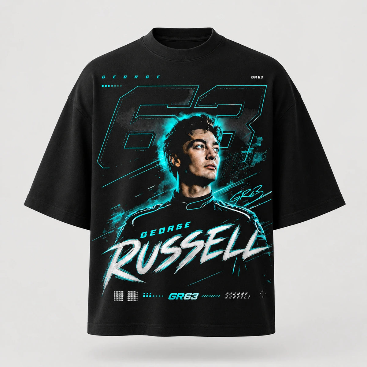 Black George Russell GR63 racing graphic T-shirt product mockup