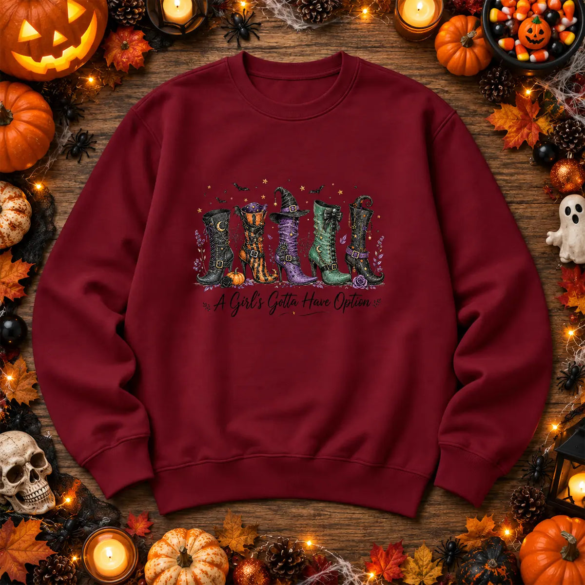 Burgundy A Girl's Gotta Have Options witch boots Halloween jumper