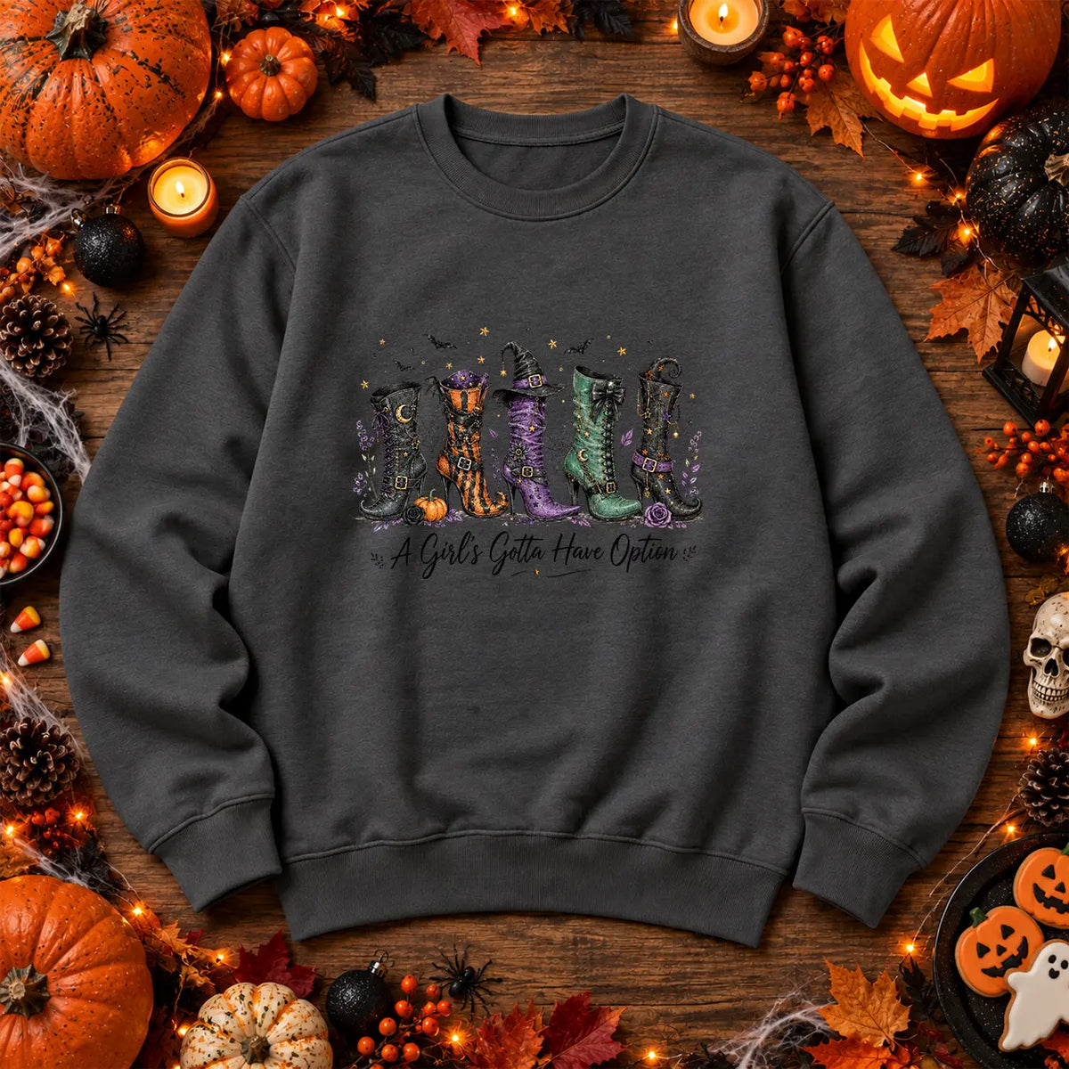 Charcoal A Girl's Gotta Have Options witch boots Halloween jumper