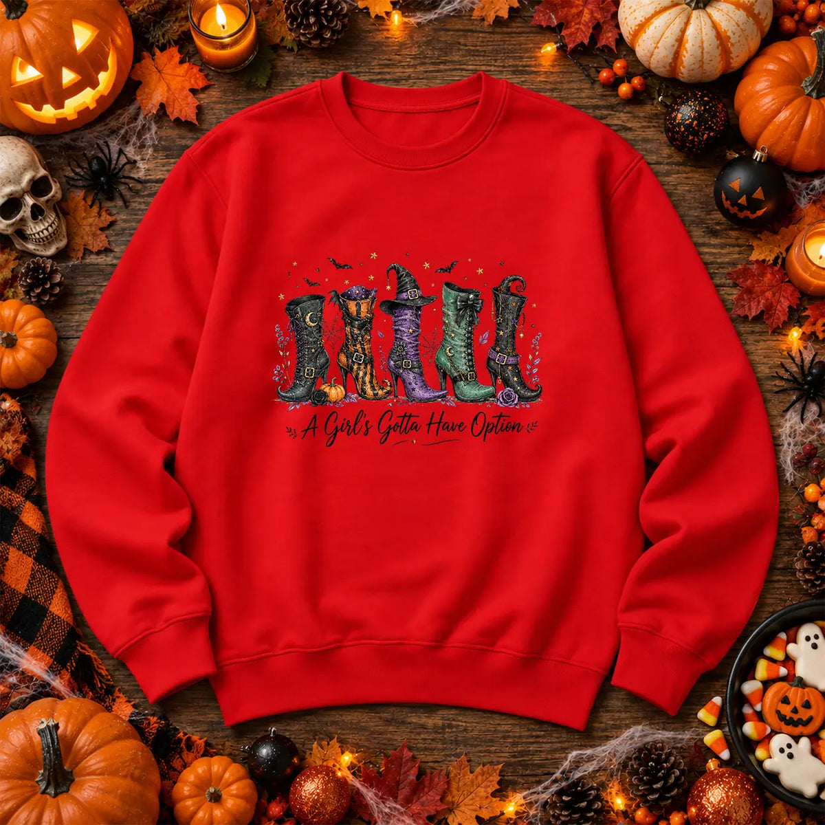 Fire Red A Girl's Gotta Have Options witch boots Halloween jumper