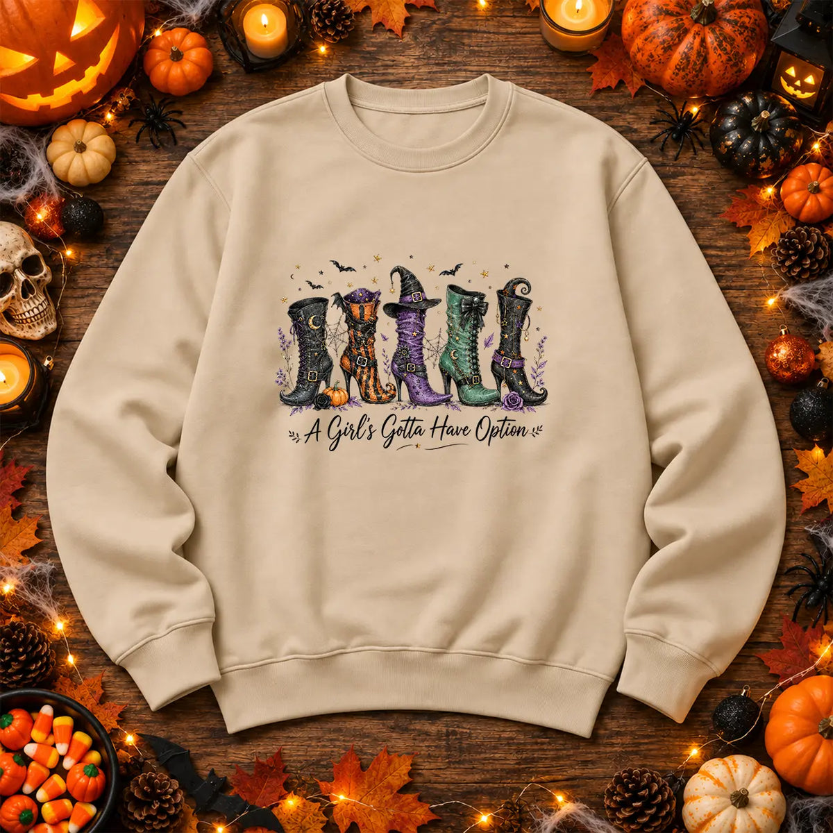 Natural Stone A Girl's Gotta Have Options witch boots Halloween jumper