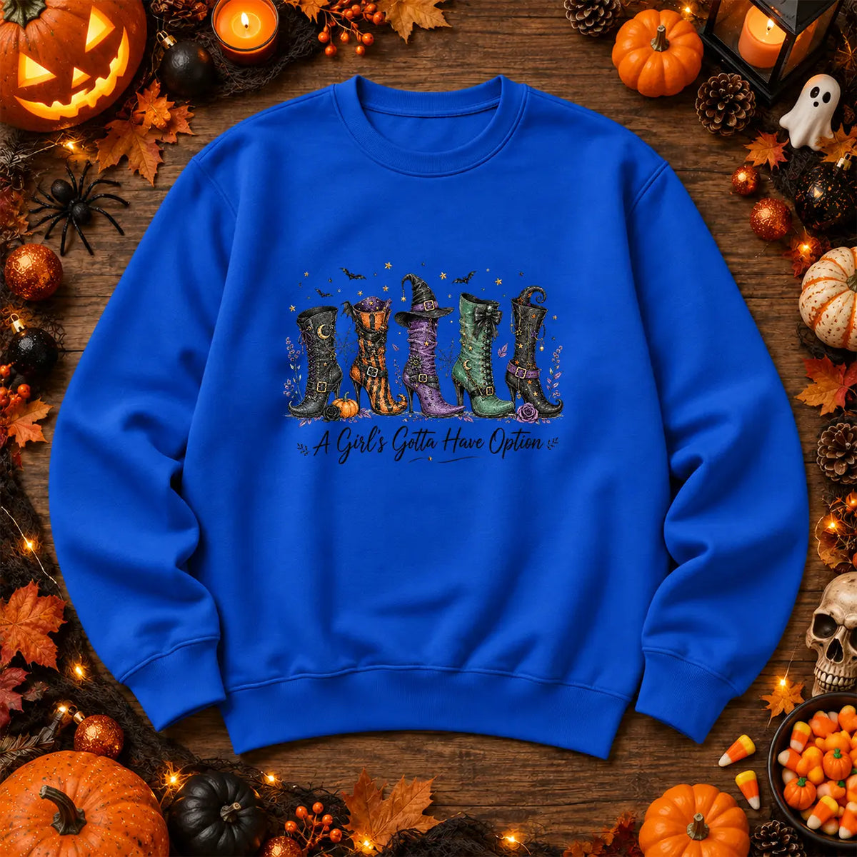 Royal Blue A Girl's Gotta Have Options witch boots Halloween jumper
