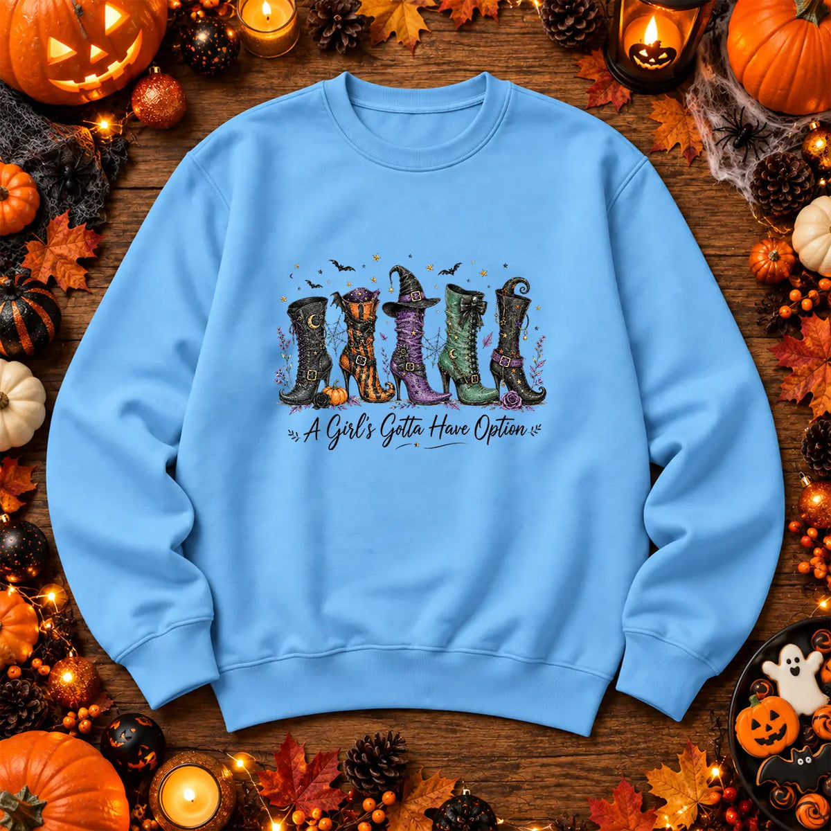 Sky Blue A Girl's Gotta Have Options witch boots Halloween jumper