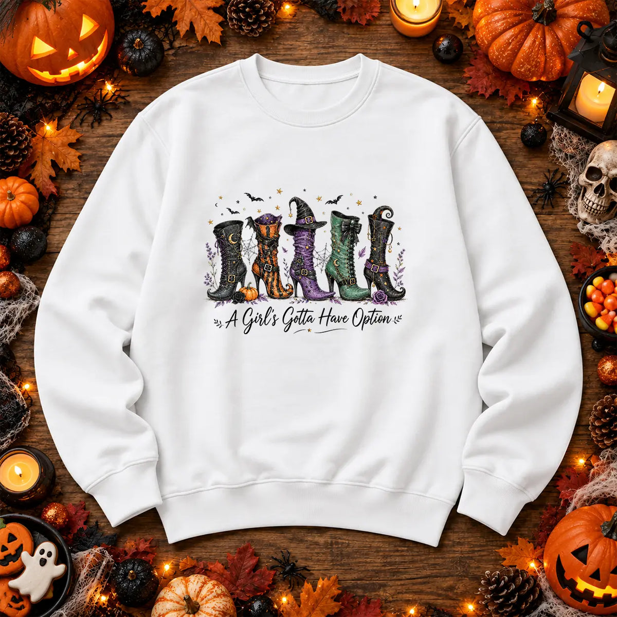 White A Girl's Gotta Have Options witch boots Halloween jumper