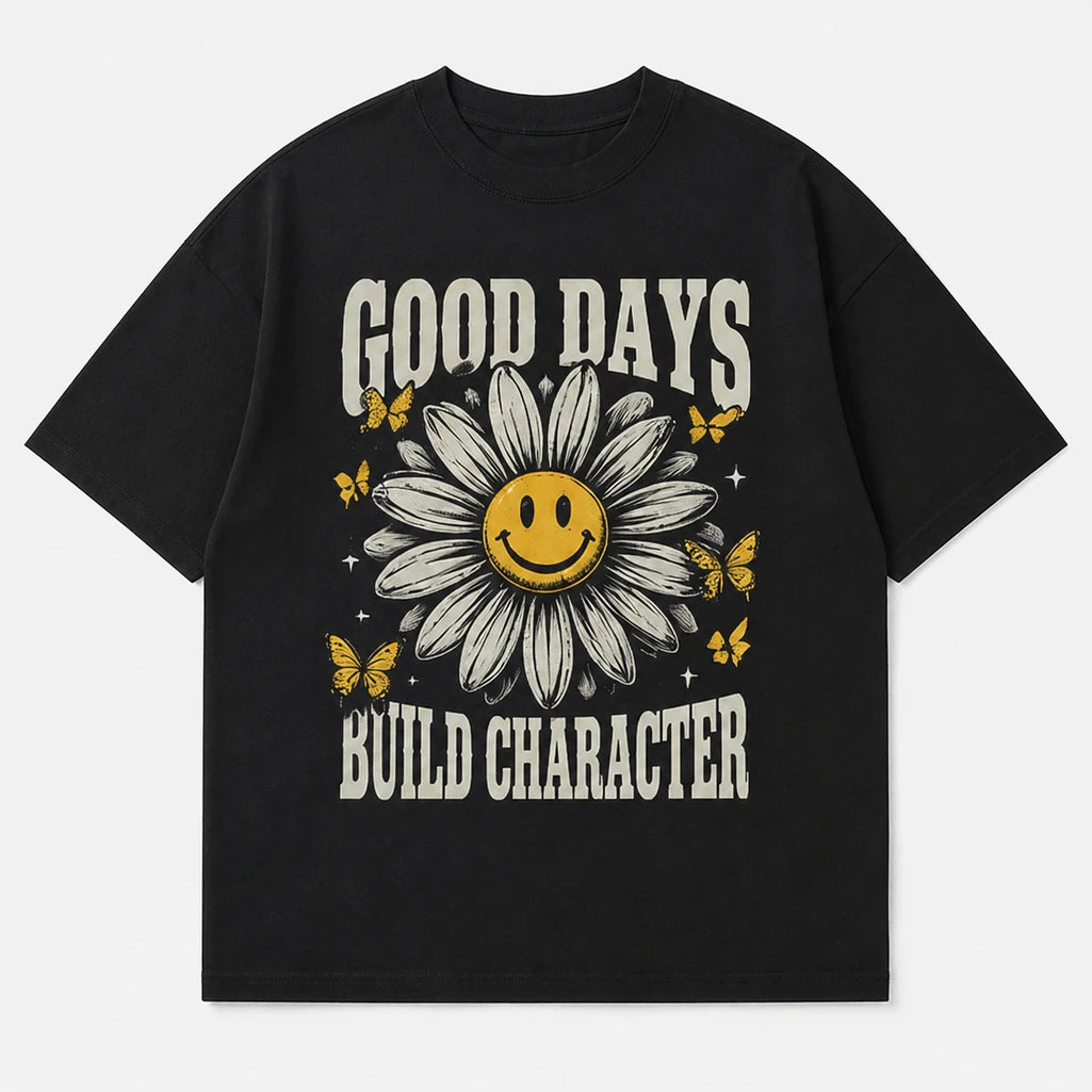 Good Days Build Character graphic T-shirt in black – front mockup