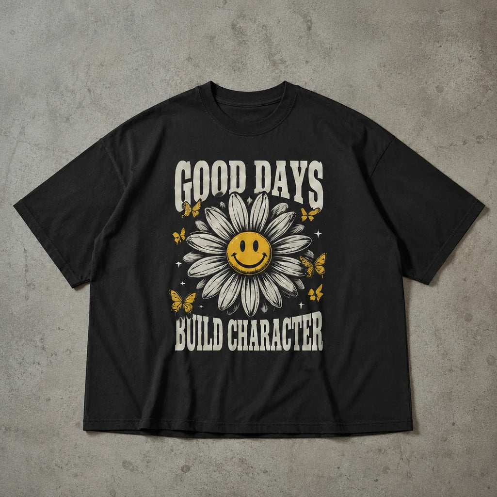 Good Days Build Character black T-shirt – concrete flat lay mockup
