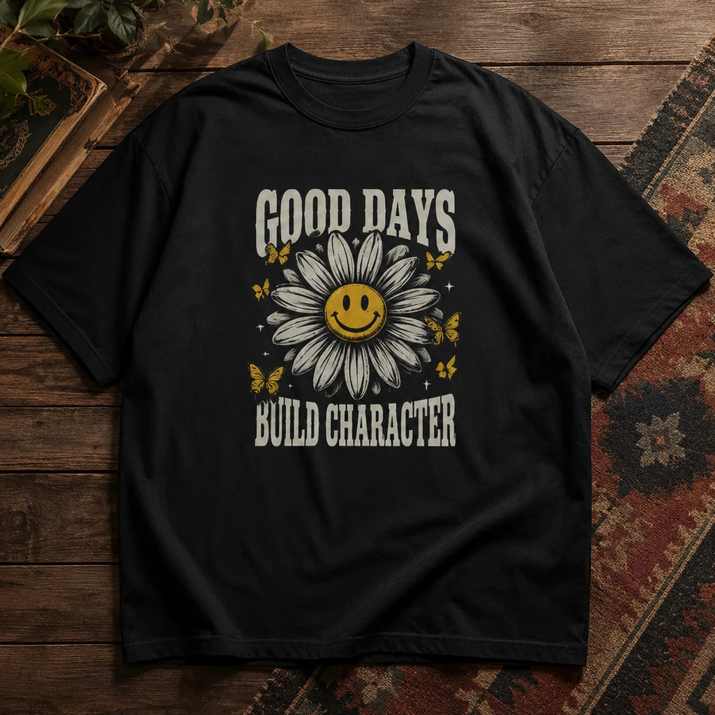 Good Days Build Character black graphic T-shirt – vintage flat lay