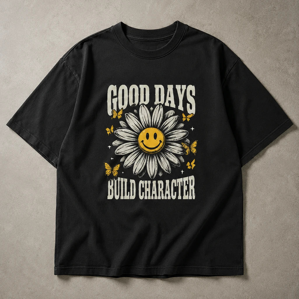 Good Days Build Character black T-shirt – angled product mockup