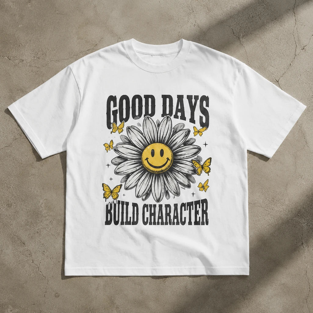 Good Days Build Character white T-shirt – concrete product mockup