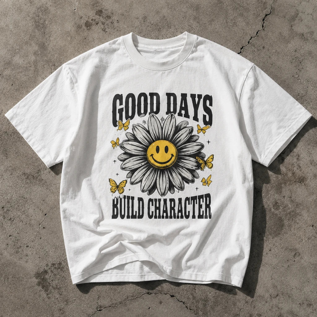 Good Days Build Character white graphic T-shirt – lifestyle flat lay