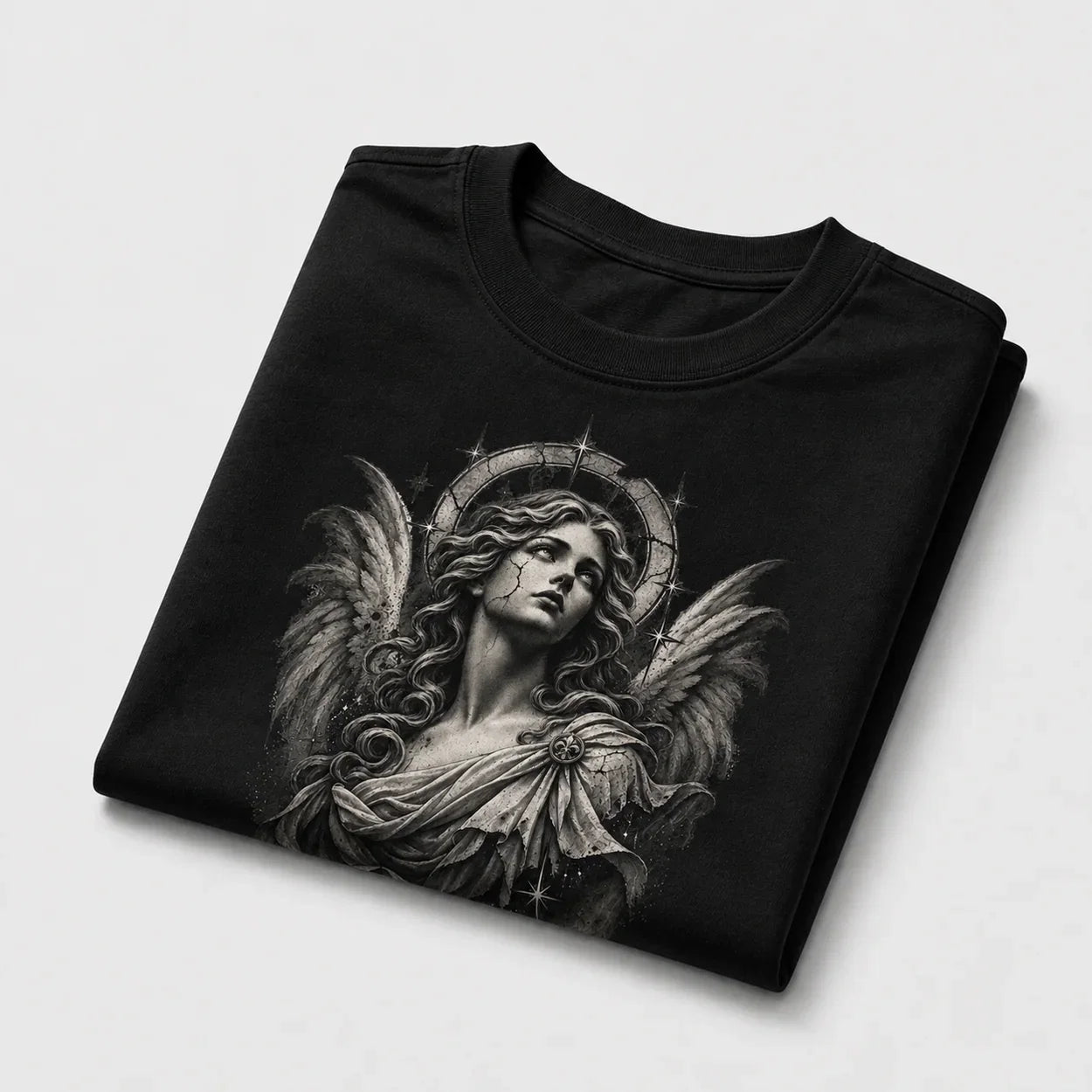 Gothic Angel graphic T-shirt folded mockup - Deep Black