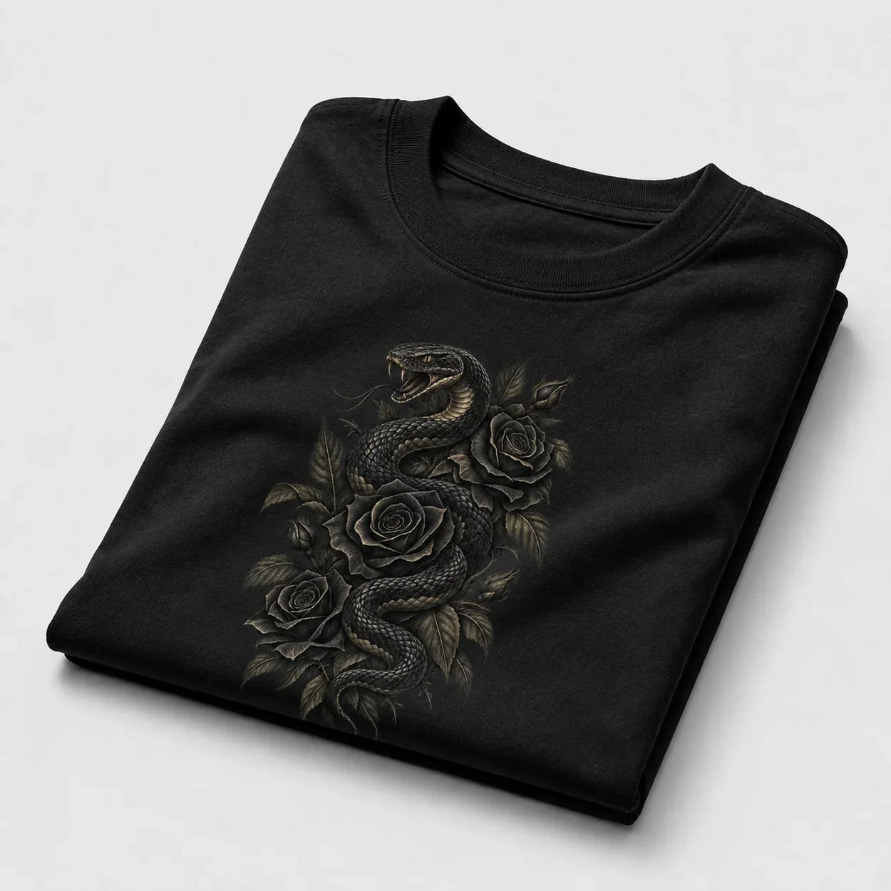 Gothic Snake and Roses graphic T-shirt folded mockup - Deep Black
