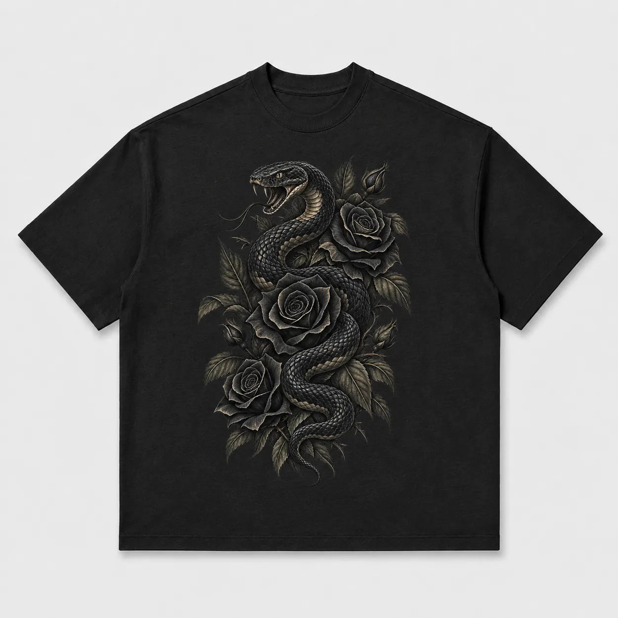 Gothic Snake and Roses graphic T-shirt - Deep Black