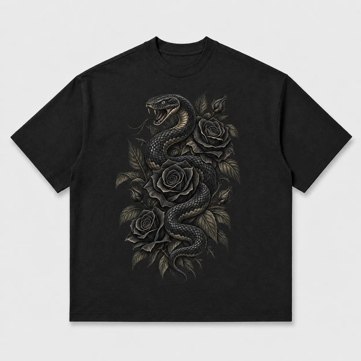 Gothic Snake and Roses graphic T-shirt - Deep Black