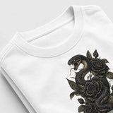 Gothic Snake and Roses graphic T-shirt folded mockup - Arctic White