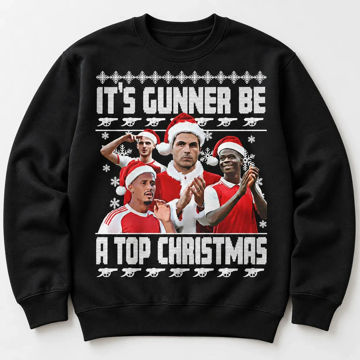 Black Gunners Christmas jumper flat lay with festive football design