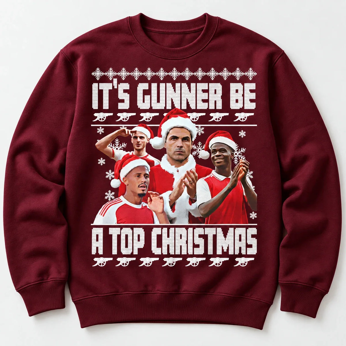 Burgundy Gunners Christmas jumper flat lay with festive football design