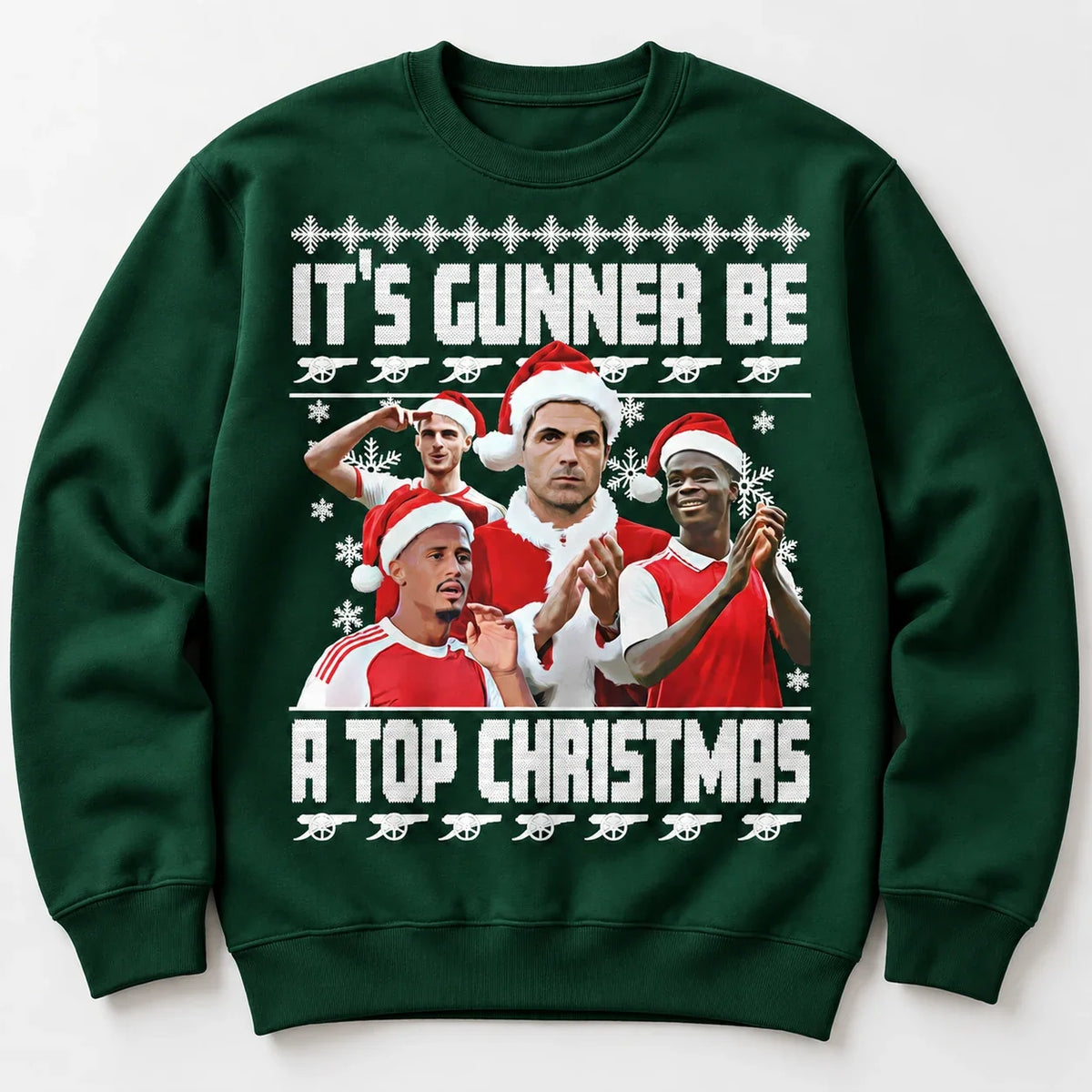 Bottle Green Gunners Christmas jumper flat lay with festive football design