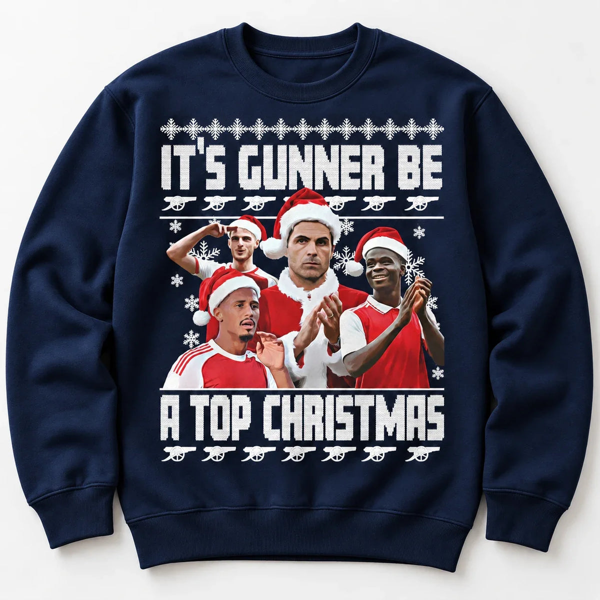 Navy Gunners Christmas jumper flat lay with festive football design