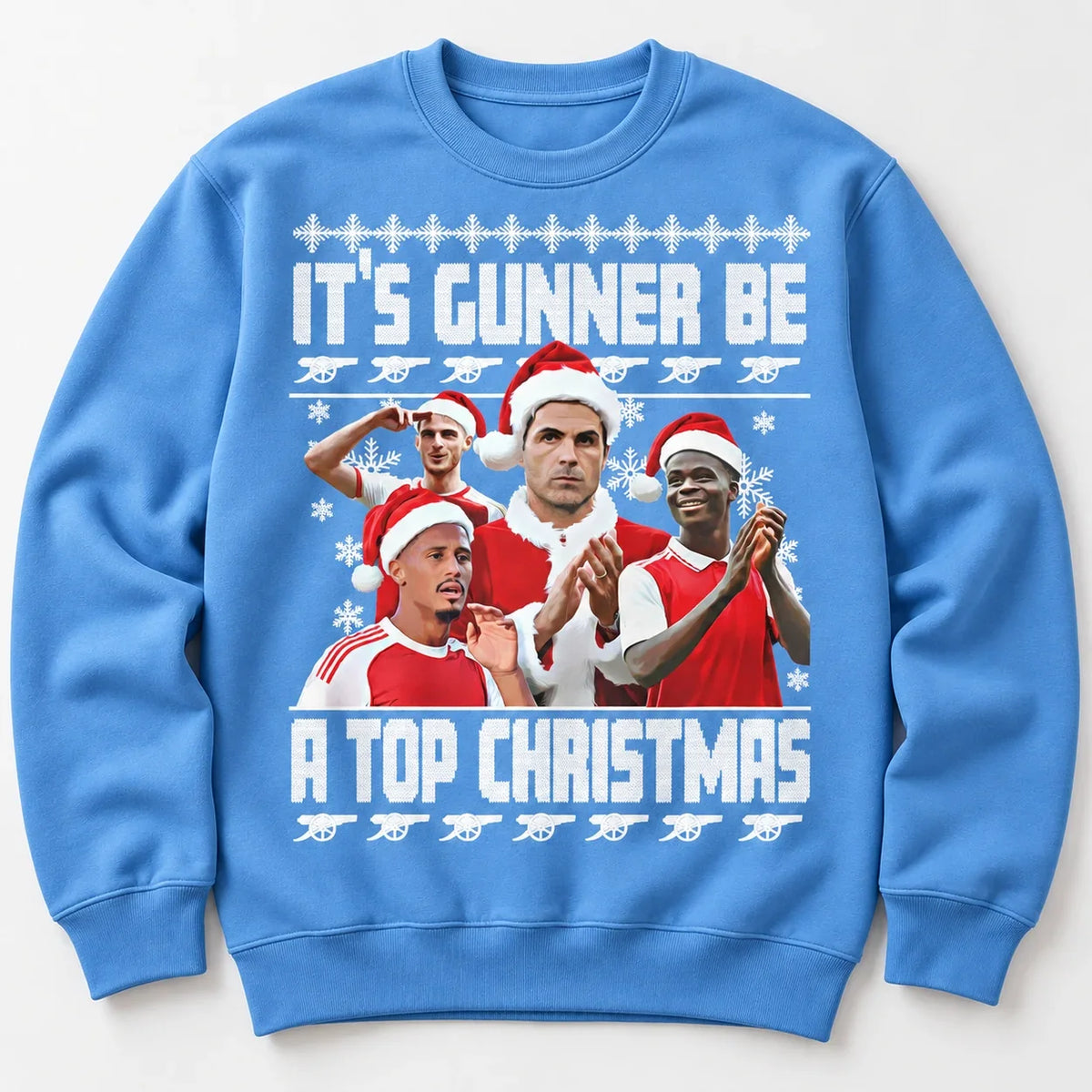 Sky Blue Gunners Christmas jumper flat lay with festive football design