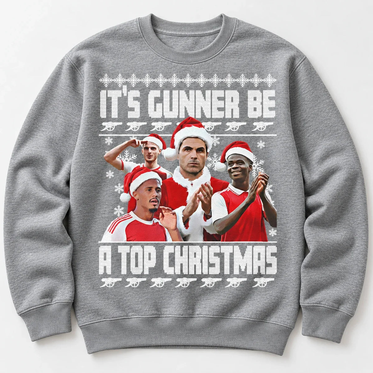 Heather Grey Gunners Christmas jumper flat lay with festive football design