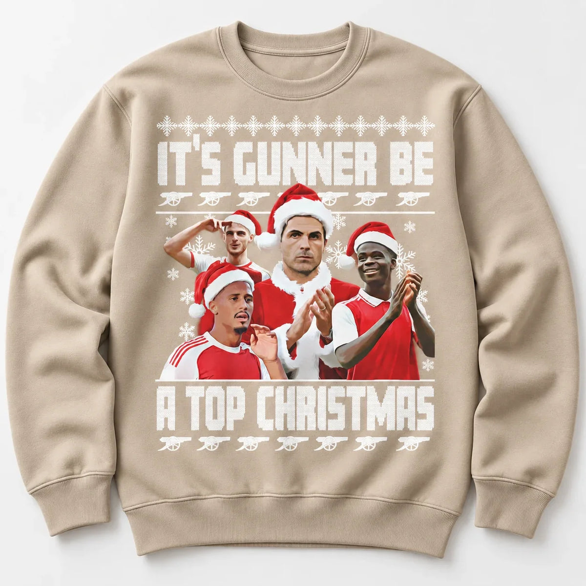 Natural Stone Gunners Christmas jumper flat lay with festive football design