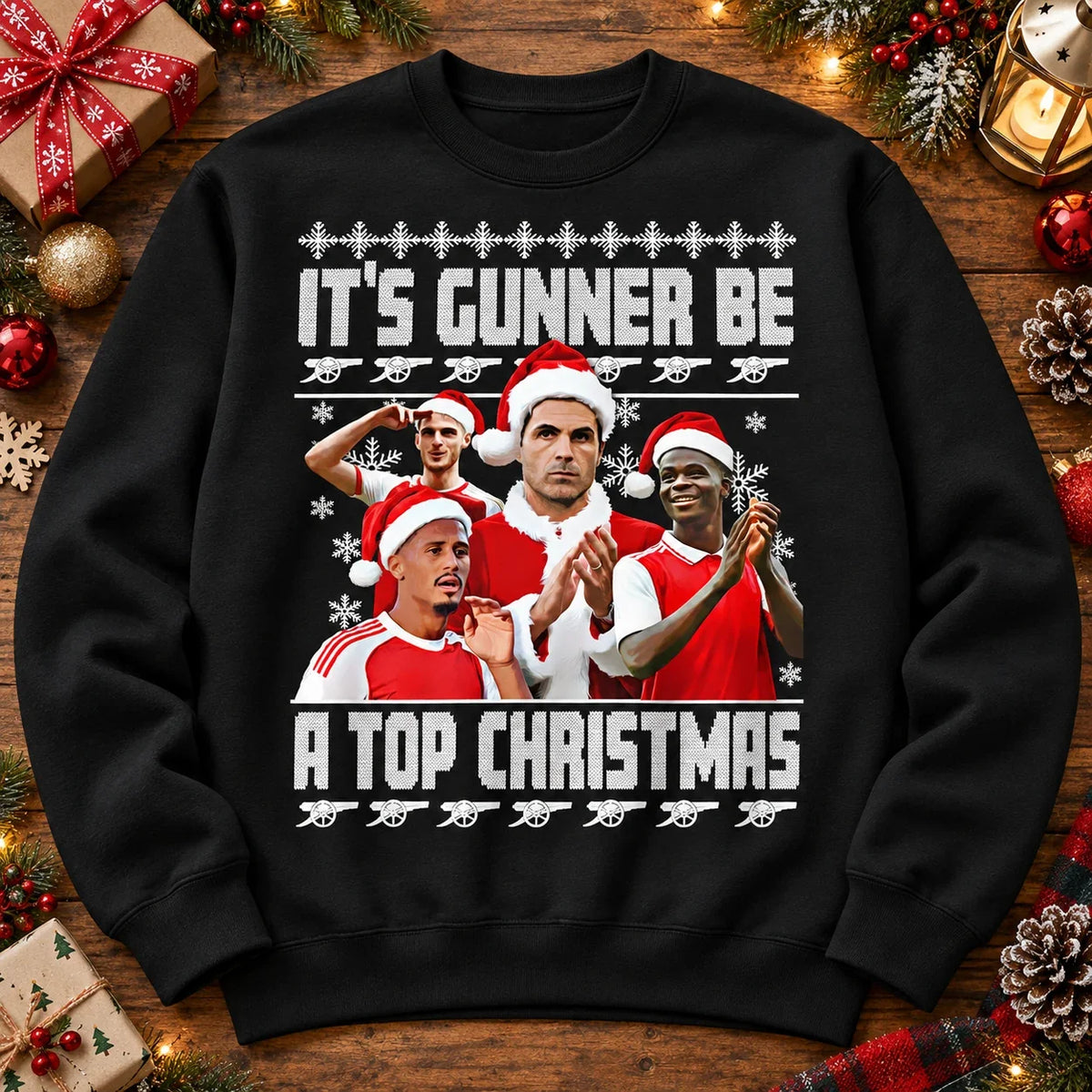 Black Gunners Christmas jumper festive Christmas flat lay