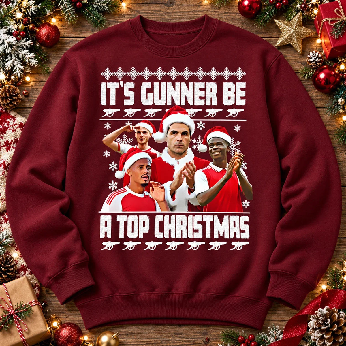Burgundy Gunners Christmas jumper festive Christmas flat lay